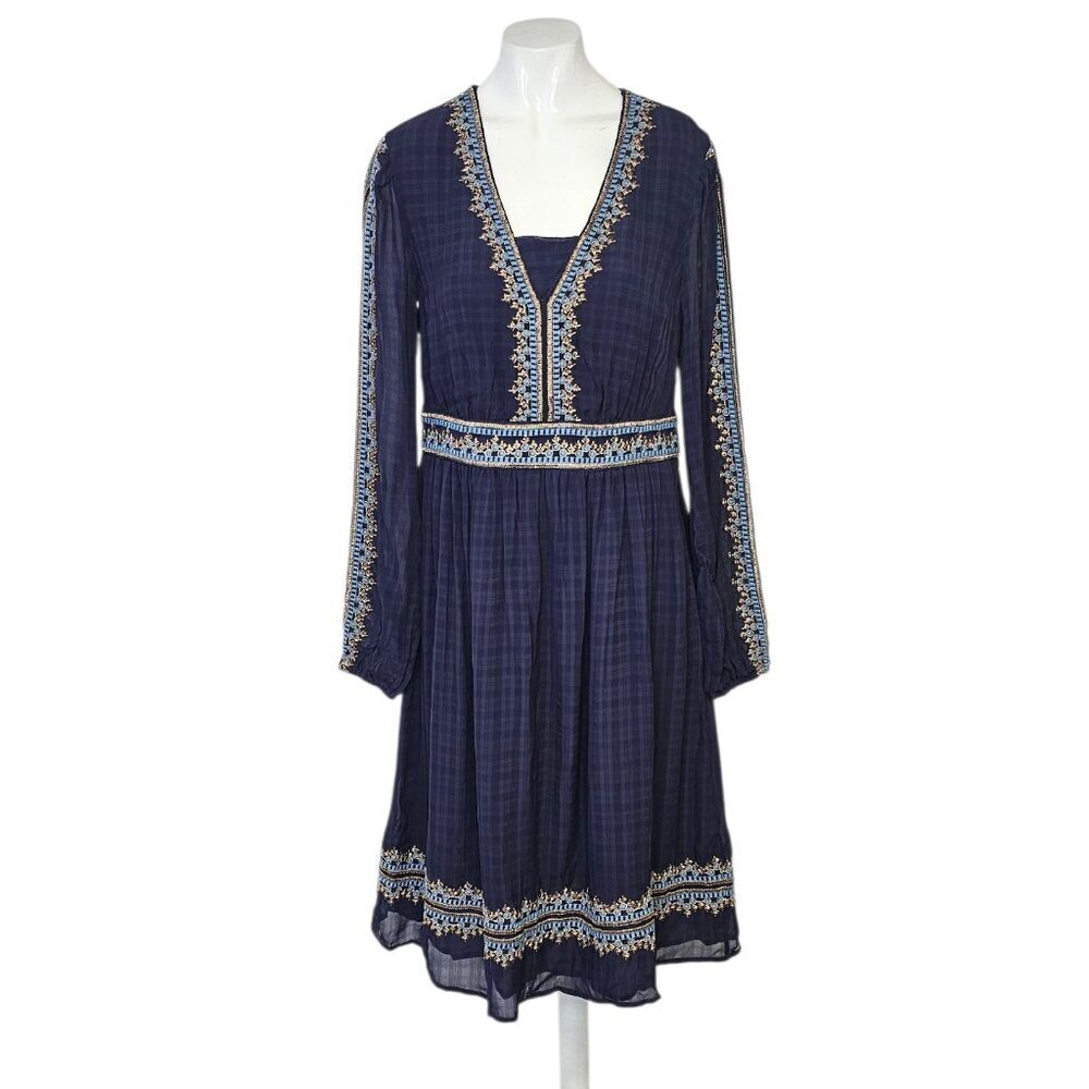 Boden Embroidered V-Neck Midi Dress, Navy, Long Sleeve, Feminine, Size 2